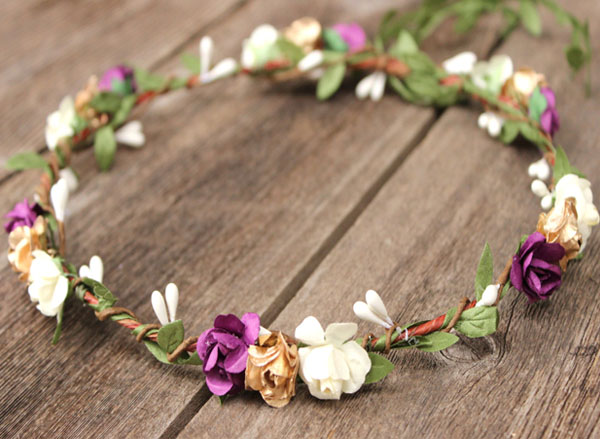 Boho Head Wreath Floral Purple Gold Flower Crown Ivory with Green Garland Halo 